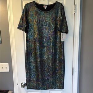 NWT LuLaRoe Elegant 2XL Julia Fitted T-Shirt Dress Mermaid/Multicolor Shimmer